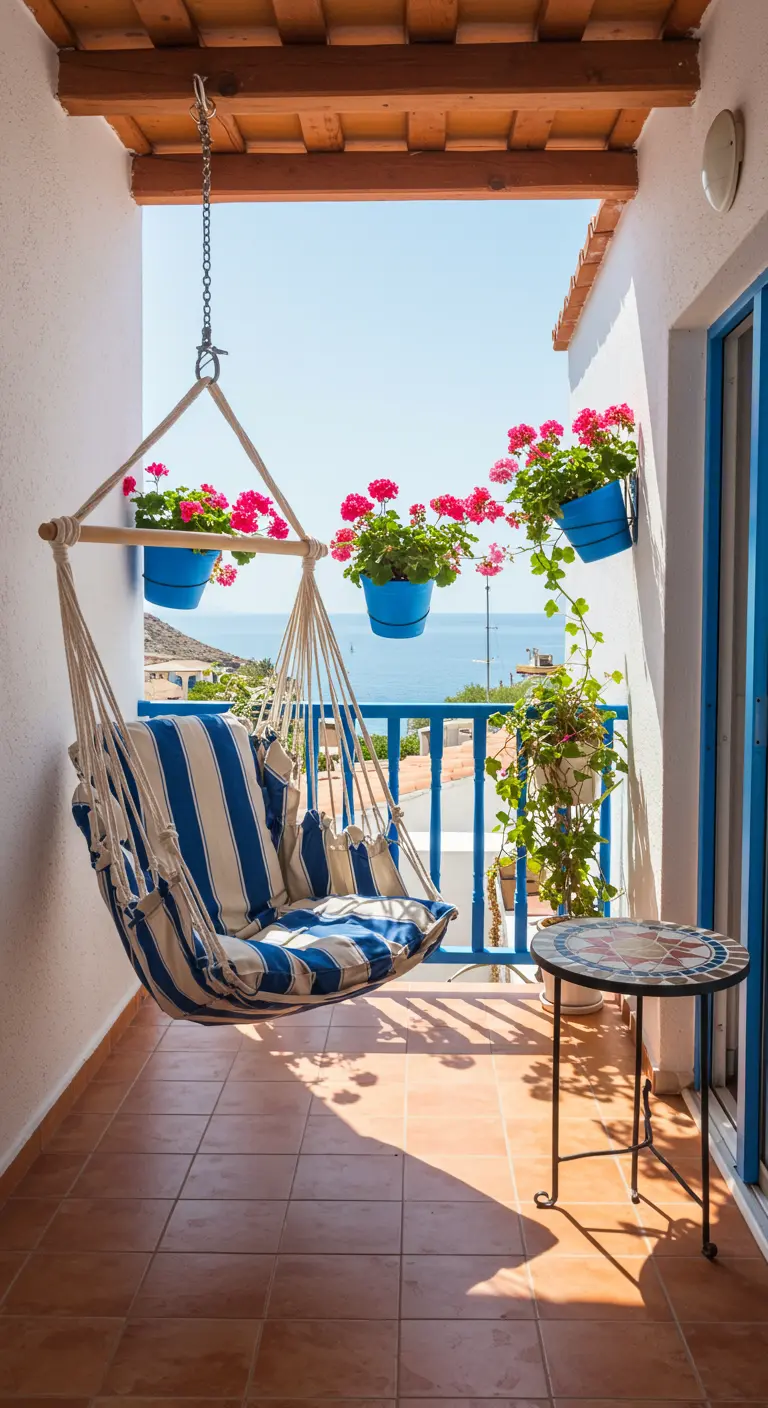 Blauw-wit gestreepte hangstoel op een balkon met terracotta tegels en felroze geraniums in blauwe potten.