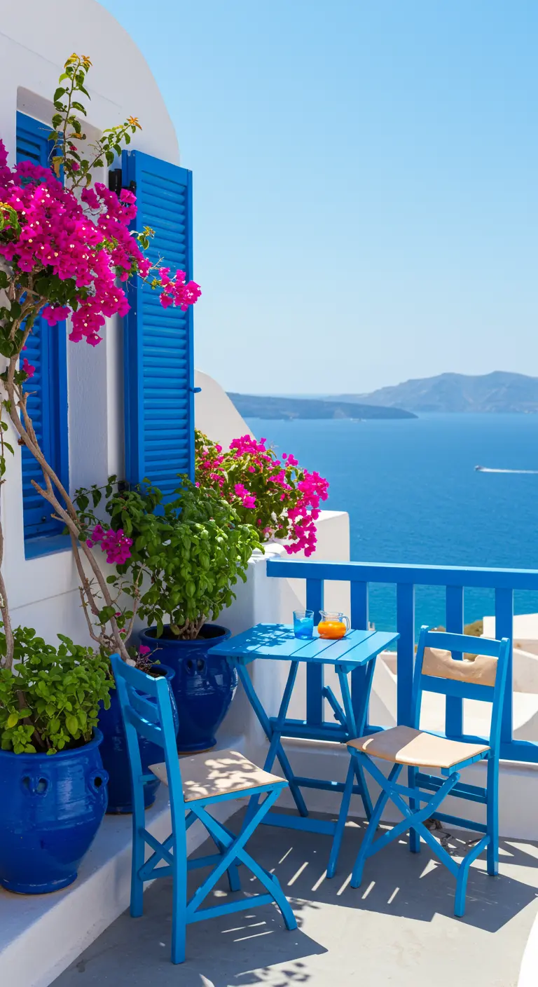 Zonnig balkon met felblauwe stoelen, tafel en potten met roze bougainvillea.