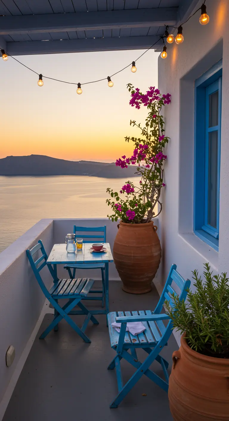 Grieks balkon met blauwe stoelen, een roze bougainvillea en uitzicht op zee bij zonsondergang.