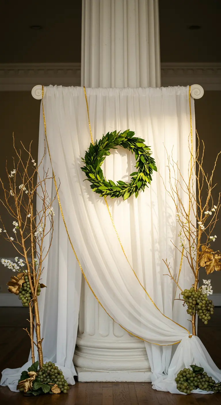 Witte doeken met een laurierkrans en gouden details als Griekse backdrop.