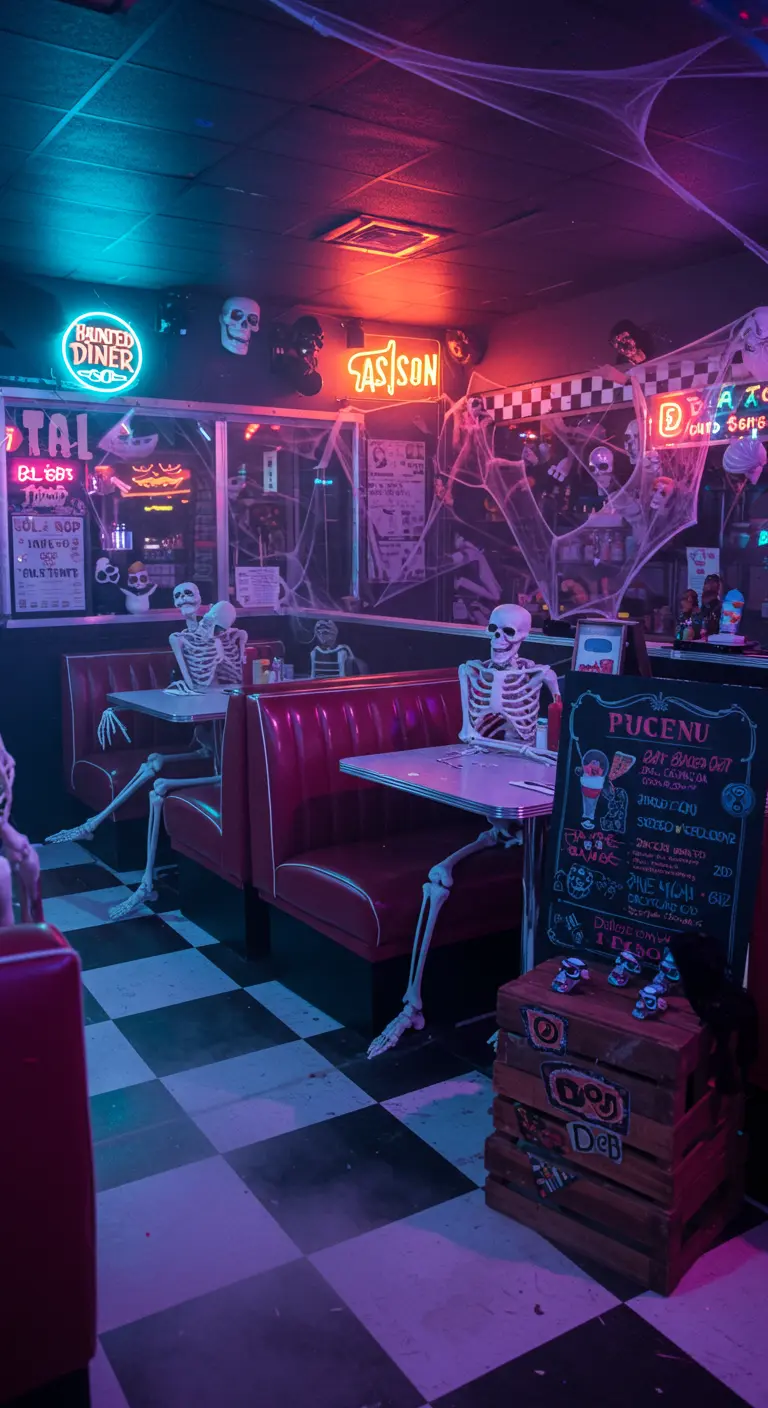 Een diner in halloweensfeer met skeletten aan de tafels en neonlicht.