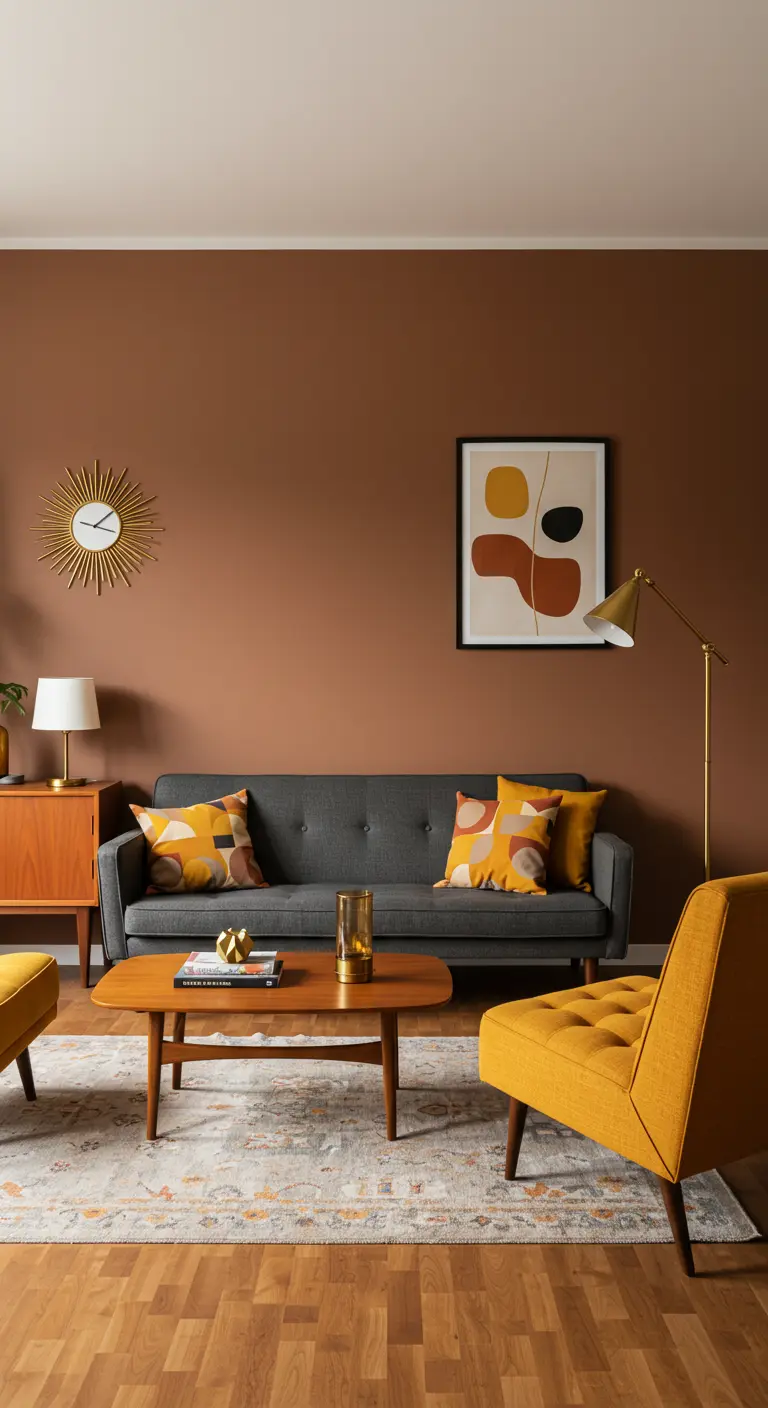 Moderne woonkamer met terracotta muur, grijze bank en een okergele fauteuil.