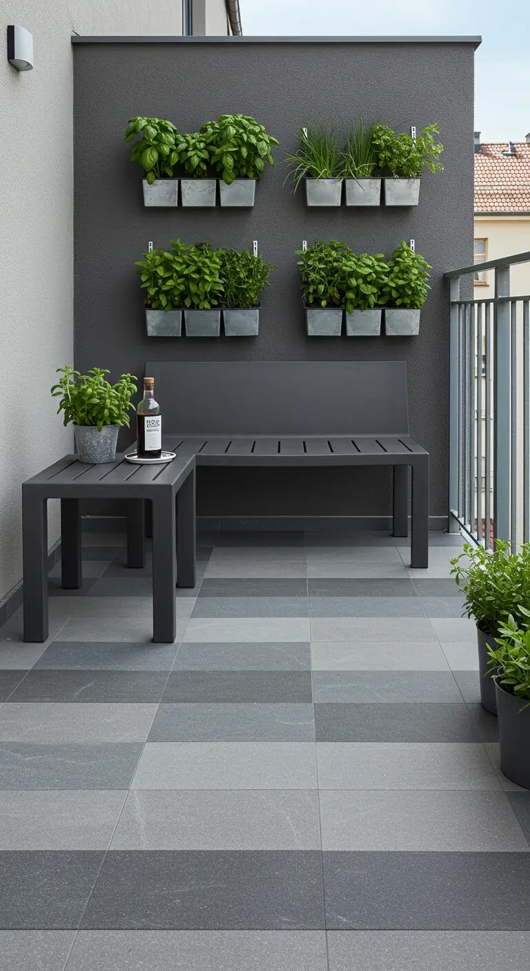 Modern balkon met een vloer van banen in verschillende grijstinten en strakke, donkere meubels.