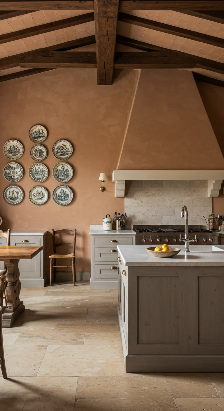 Stijlvolle keuken met taupe muren, grijsgroene kasten en een collectie borden aan de muur.