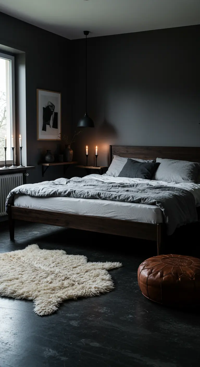 Donkergrijze slaapkamer met houten bed, schapenvacht kleed en kaarsen.