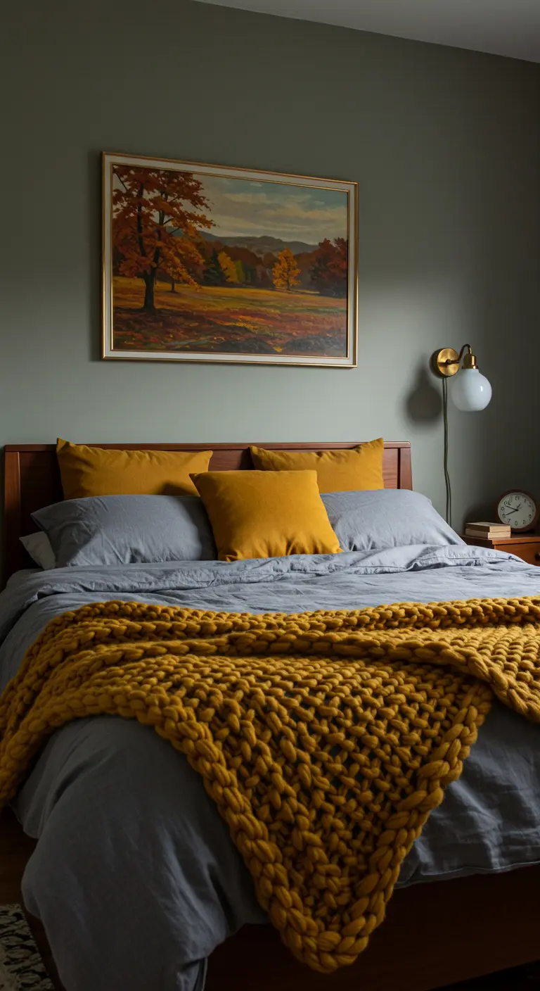 Slaapkamer met grijsgroene muren en een groot okergeel gebreid deken.