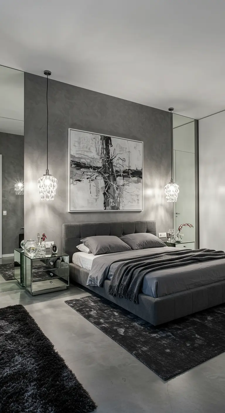 Grijze slaapkamer met spiegelende wanden, kristallen hanglampen en een abstract schilderij.