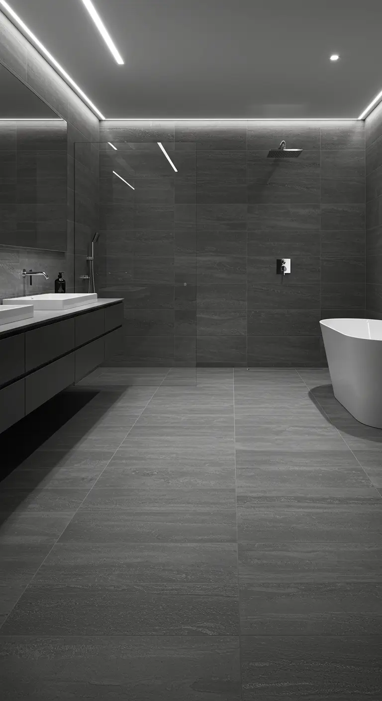 Moderne, minimalistische badkamer in grijstinten met grote tegels met een lichte textuur.