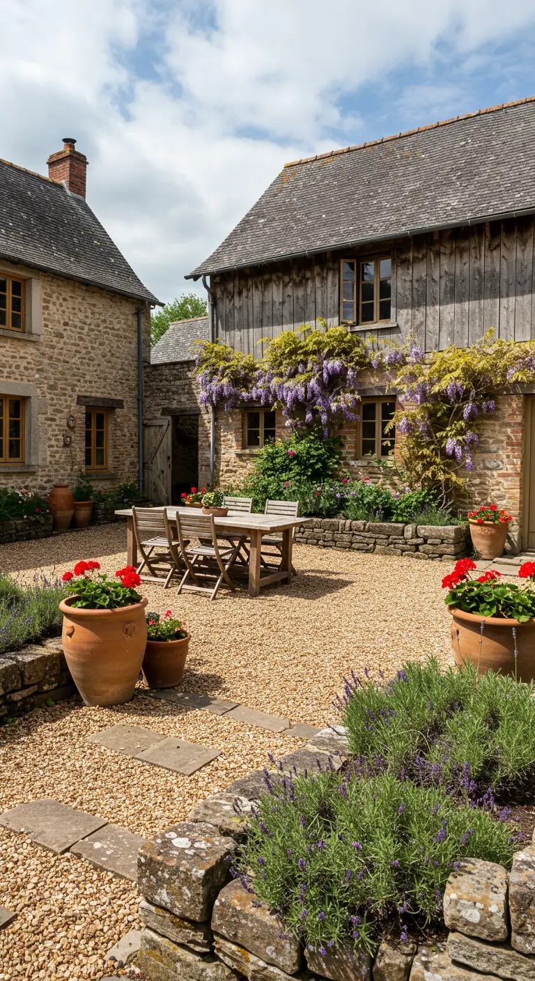 Binnenplaats van een stenen boerderij met grind, een houten eettafel en grote terracotta potten.