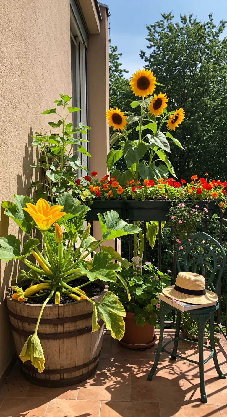 Houten wijnvat als plantenbak voor een courgetteplant en zonnebloemen.