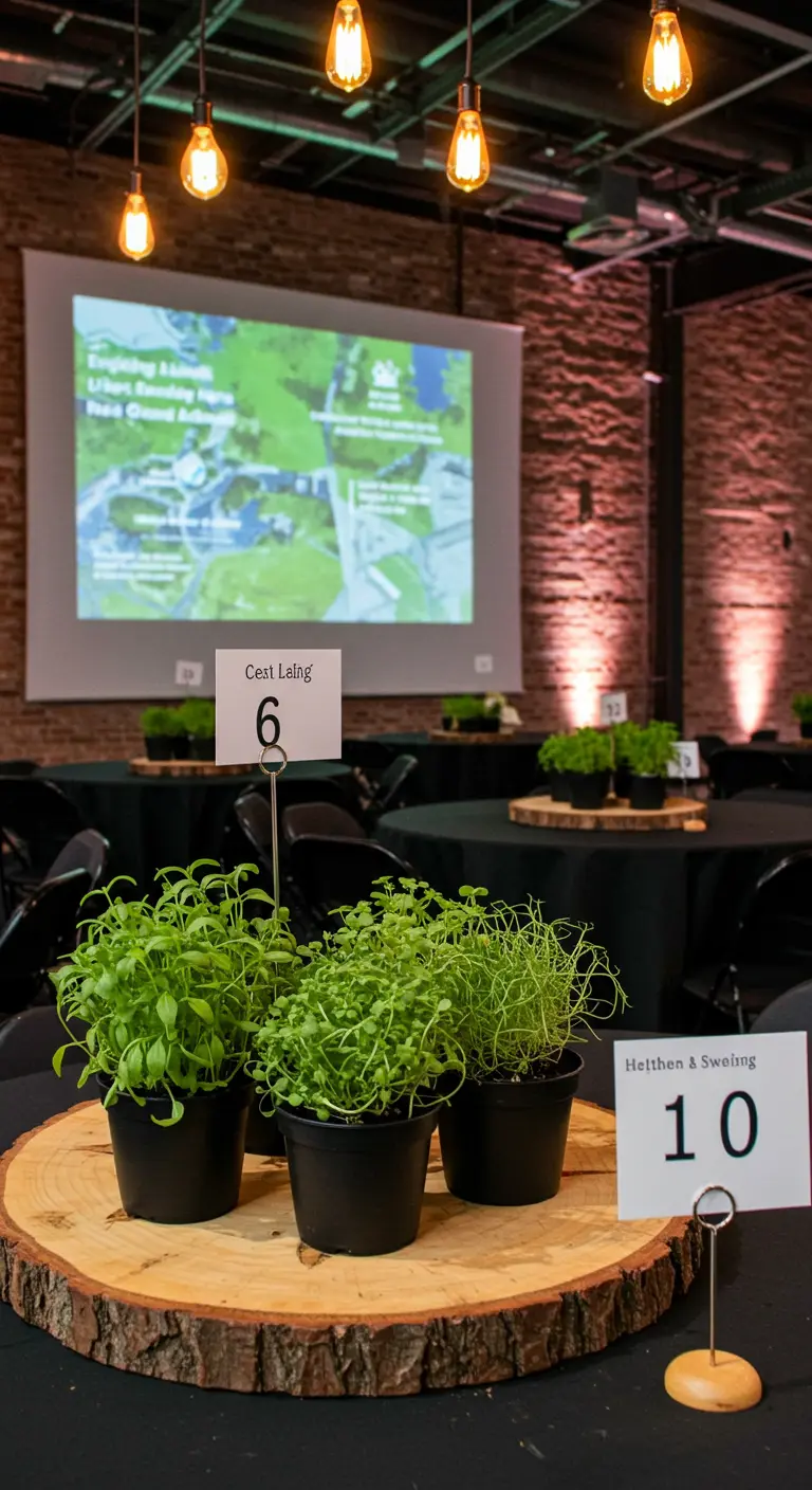 Centerpiece van kleine groene plantjes op een houten schijf met tafelnummers.