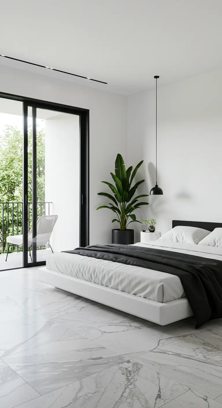 Lichte slaapkamer met marmeren vloer, grote groene plant, wit bed en balkon.