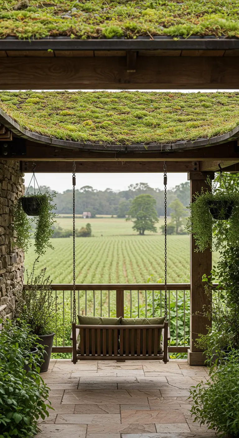 Houten schommelbank op veranda met groen dak, hangplanten, groen veld.