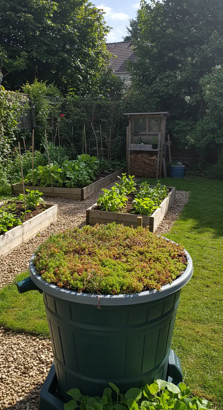 Grote groene regenton met een groen sedumdak in een moestuin met verhoogde bedden.