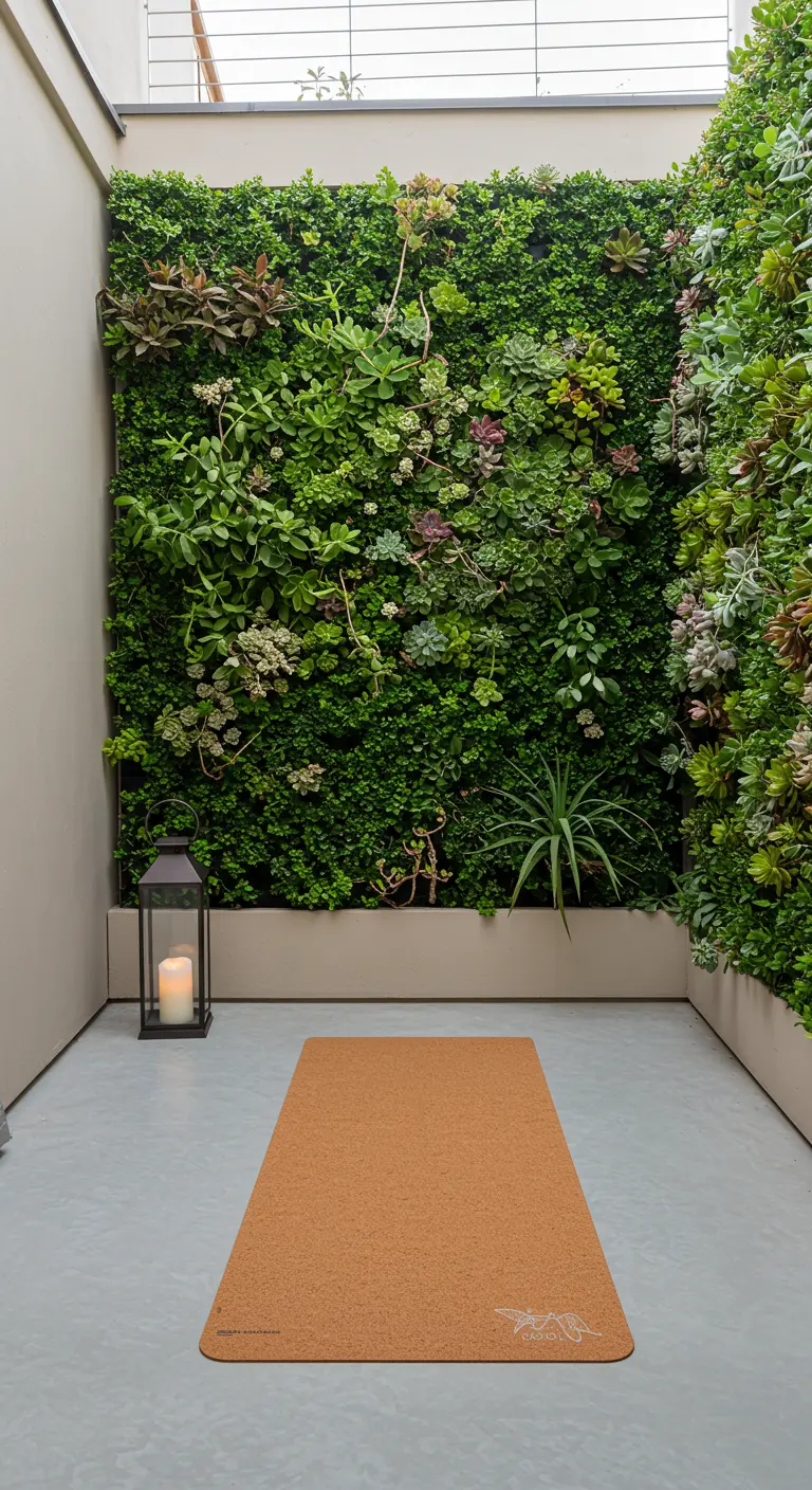 Patio met een grote verticale plantenwand, een kurken yogamat en een zwarte lantaarn.
