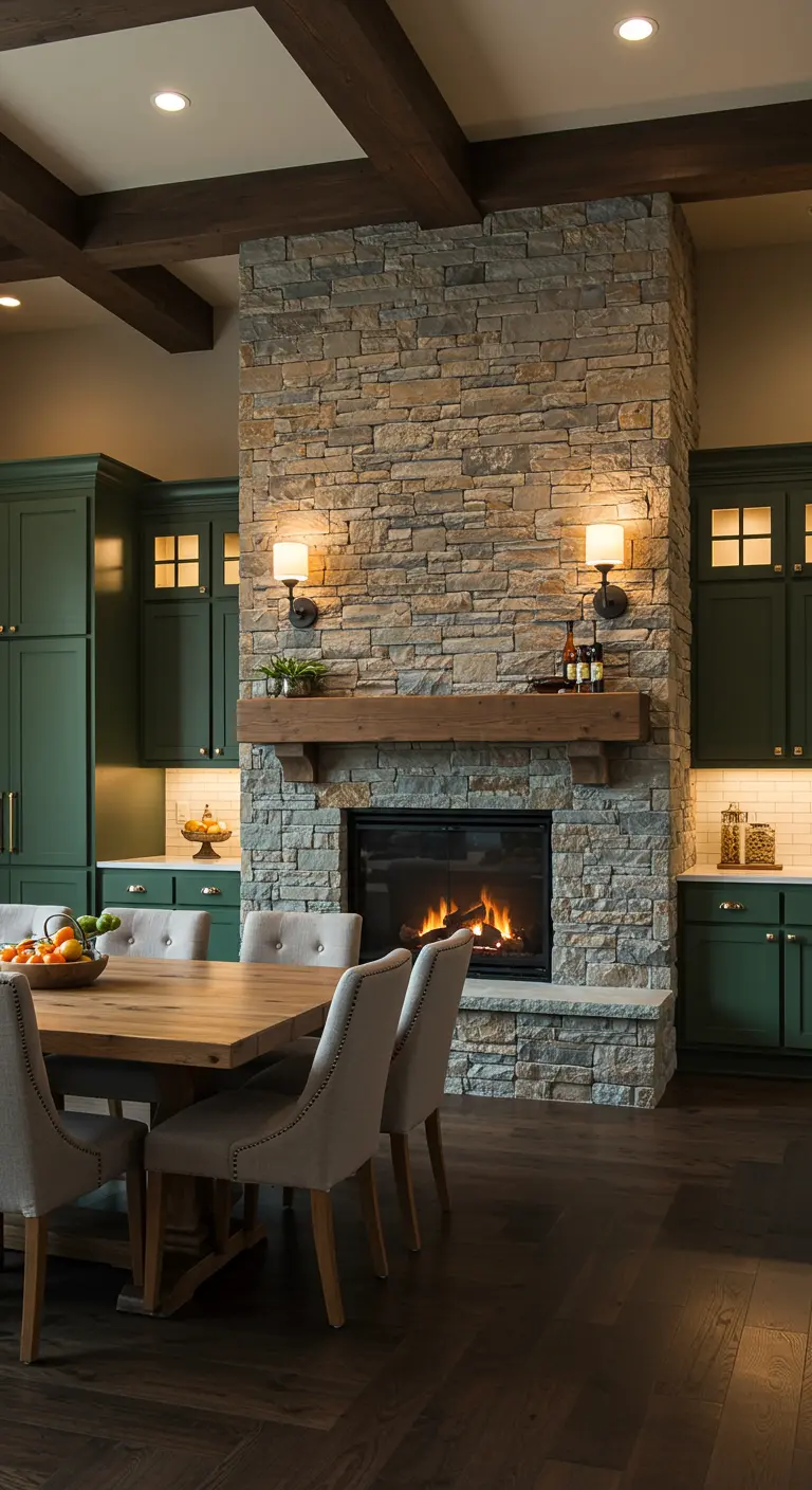Groene keuken met stenen open haard en een houten eettafel met comfortabele stoelen.