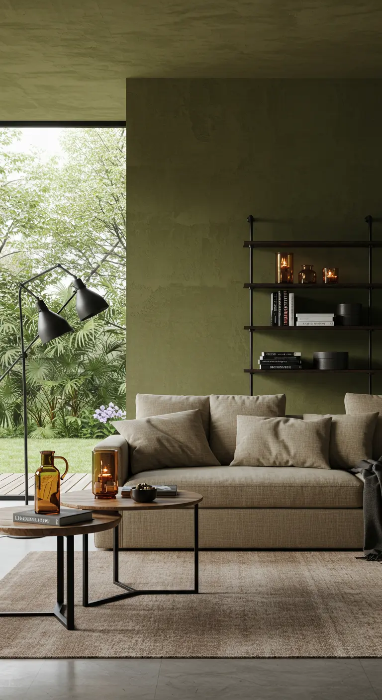 Serene woonkamer met saliegroene muur, beige bank en amberkleurige glazen decoratie