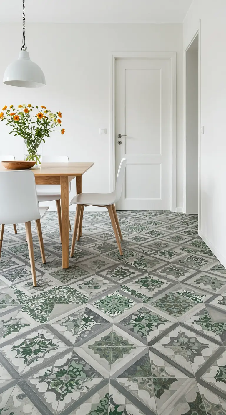 Witte eetkamer met een opvallende tegelvloer met een groen en grijs patroon.