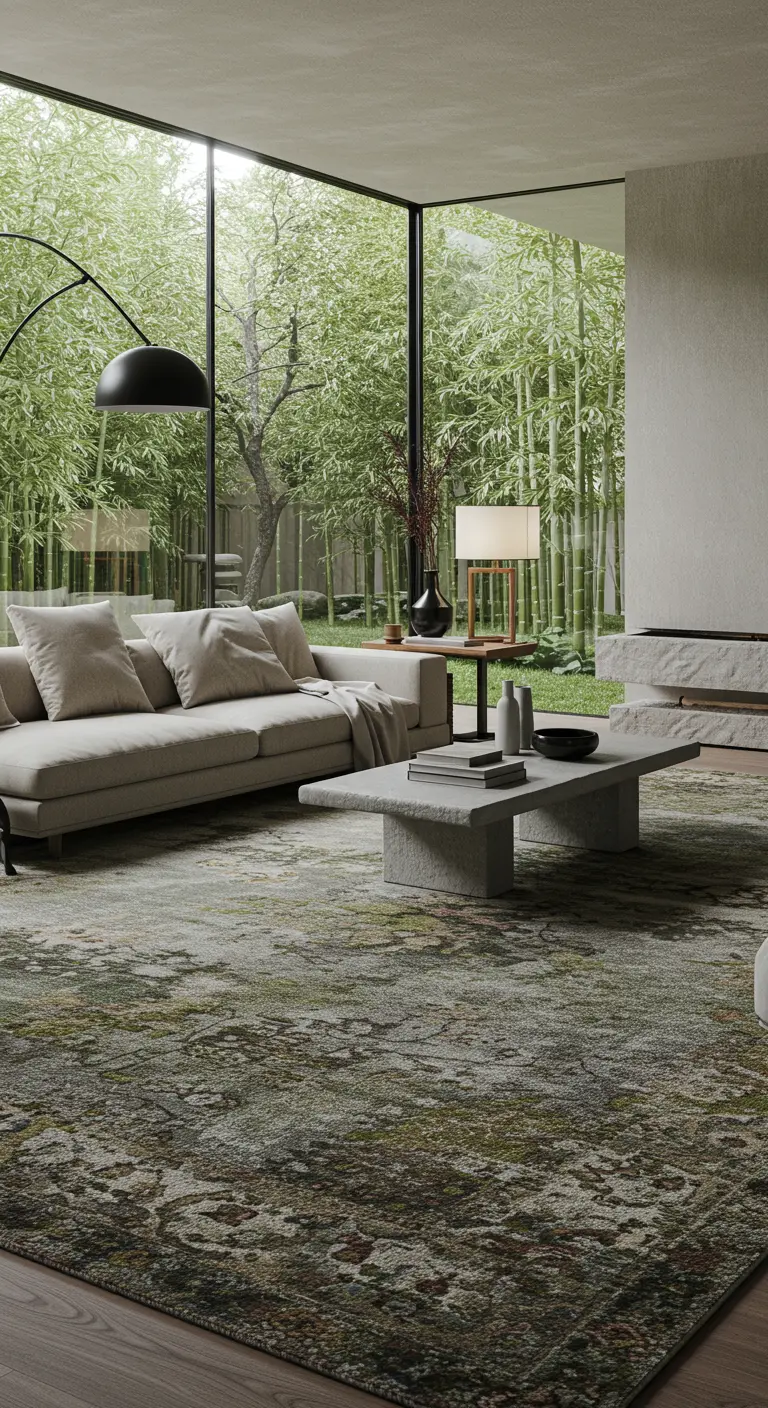 Minimalistische woonkamer met groen-beige abstract tapijt, grote ramen en bamboetuin.