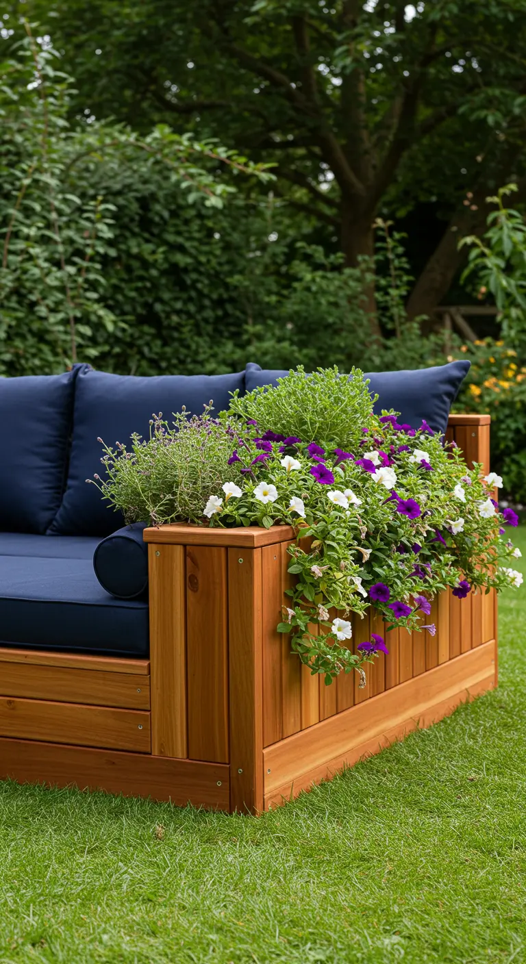 Houten loungebank met een ingebouwde plantenbak vol paarse en witte bloemen.