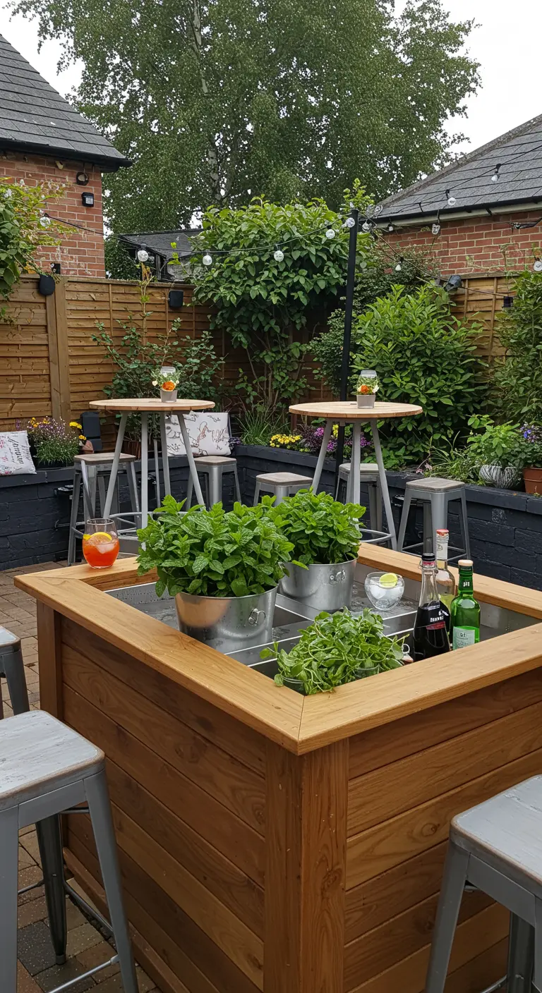 Grote houten plantenbak omgebouwd tot bartafel met een ijsemmer en kruiden in het midden.