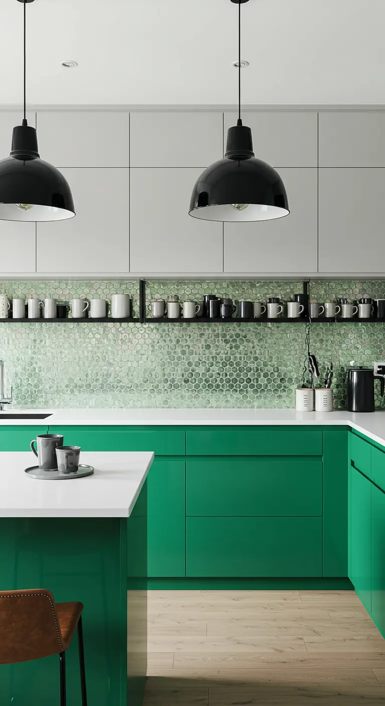 Glanzende groene onderkasten met matte witte bovenkasten en penny-tegel backsplash.