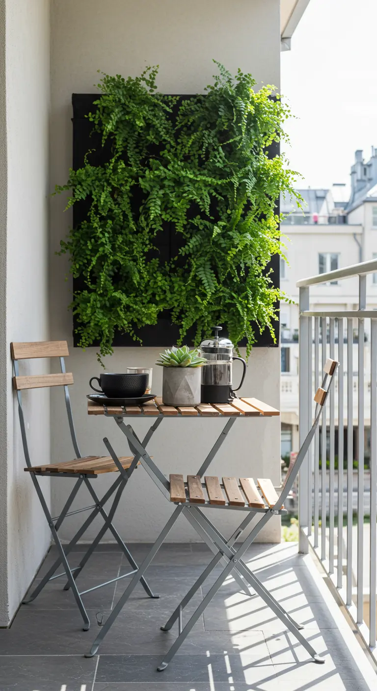 Minimalistische bistroset voor een grote verticale plantenwand vol varens op een balkon.