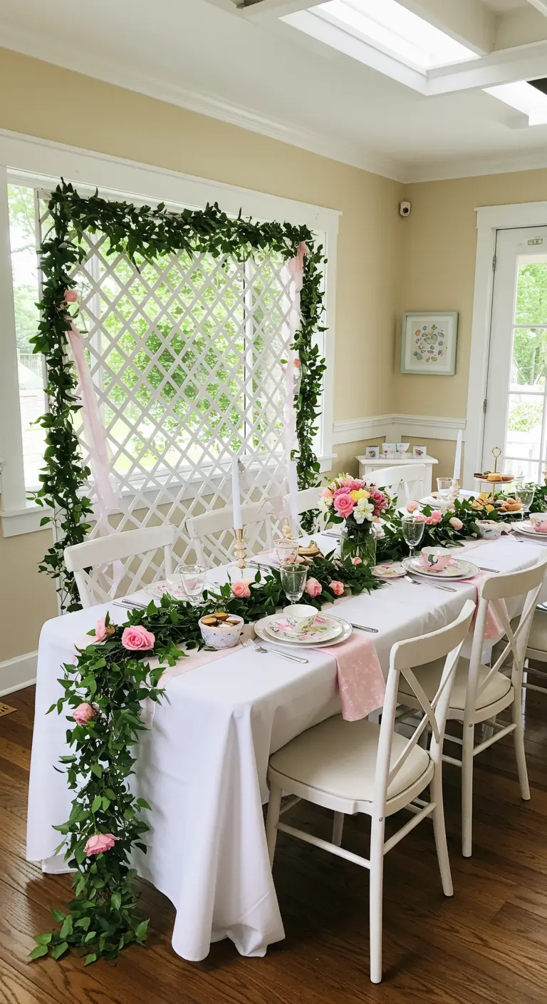 Wit tuinrek omlijst met groene bladslingers en roze rozen achter een eettafel.
