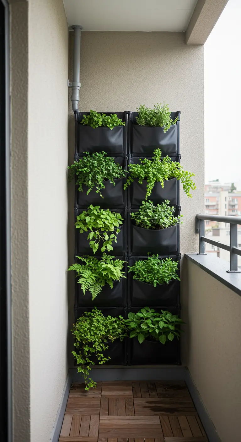 Verticale tuin met plantenzakken die water opvangt van een regenpijp op een balkon.