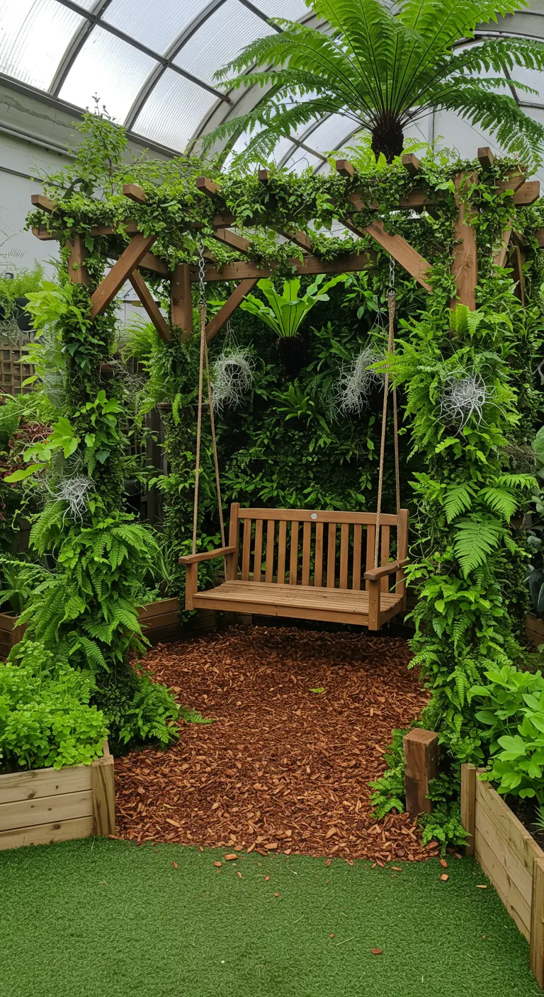 Houten schommelbank onder pergola vol klimplanten, varens en luchtplanten.