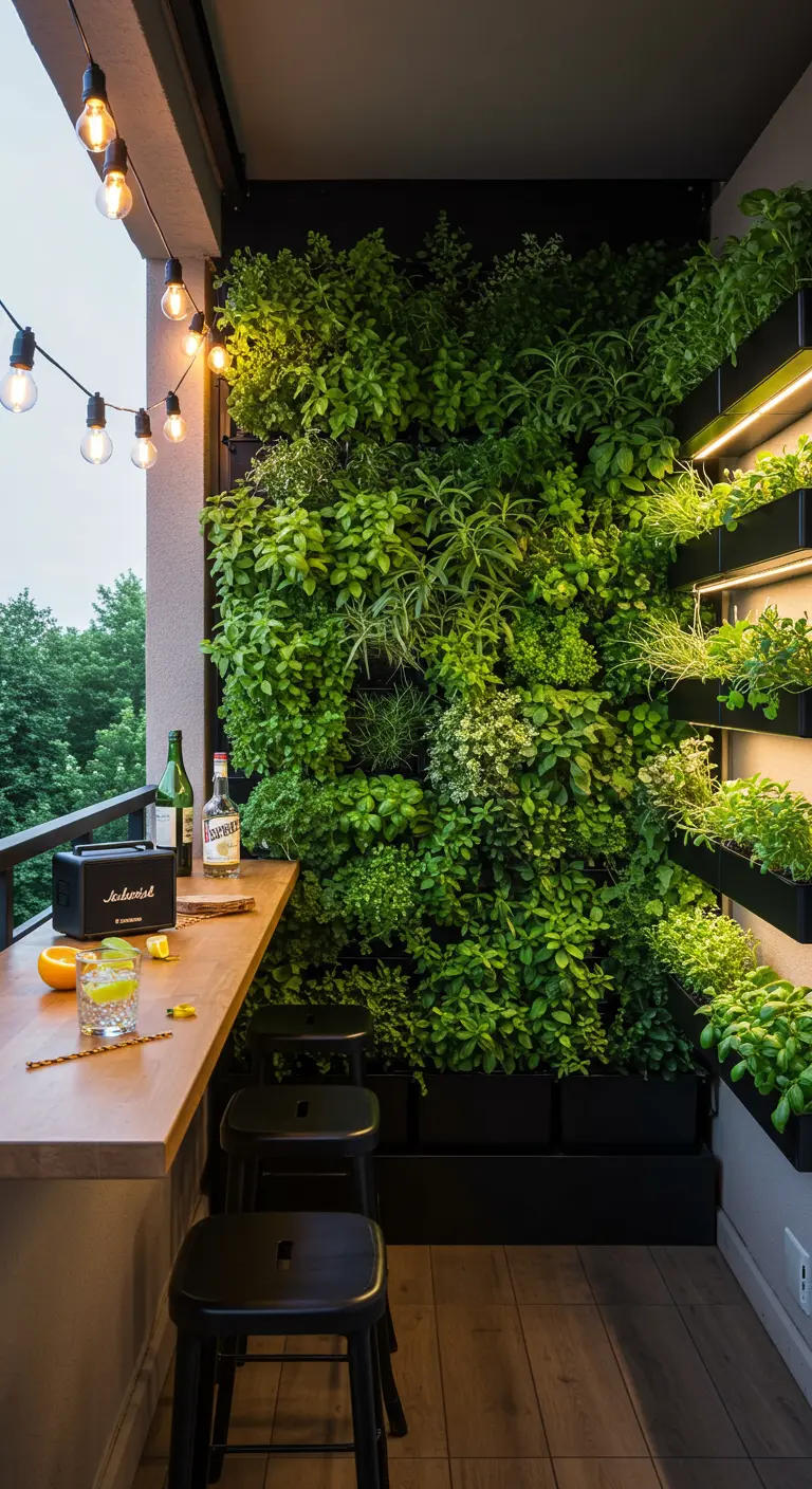 Luxe balkon met een metershoge, dichte verticale tuinwand en een houten bar met barkrukken.
