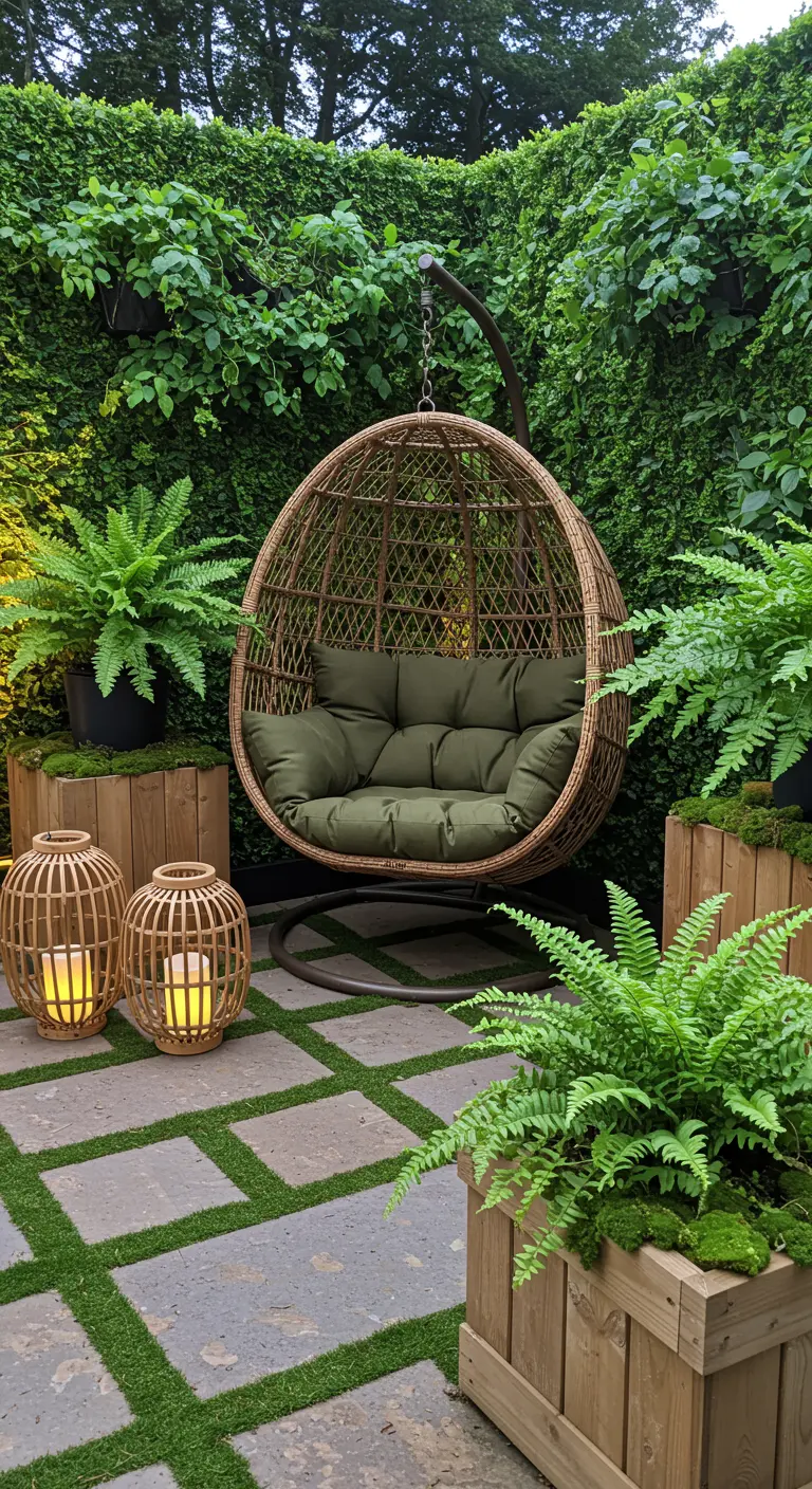 Rotan eierstoel in groene hoek met varens, houten lantaarns en tegels.