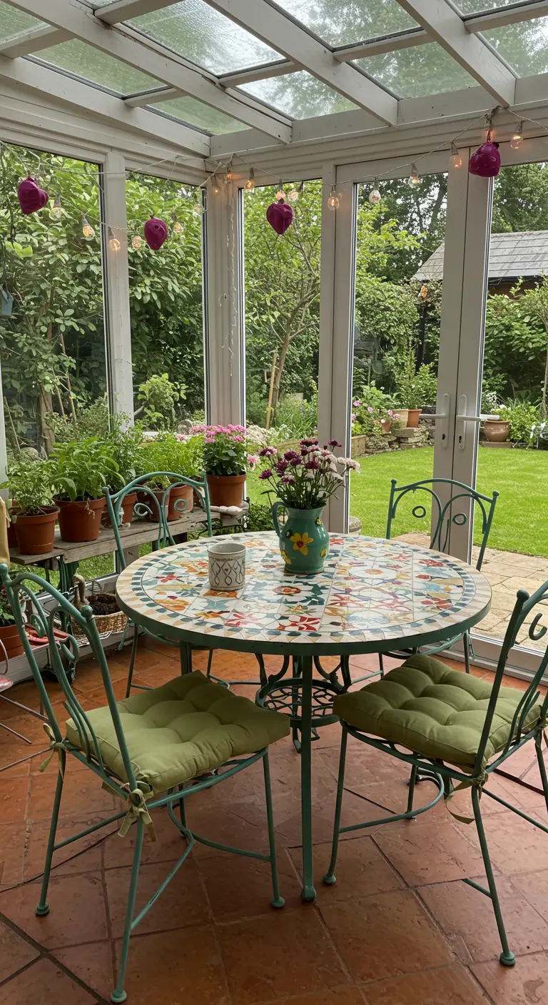 Serre eetkamer met mozaïek tafel, groene stoelen en uitzicht op de tuin.