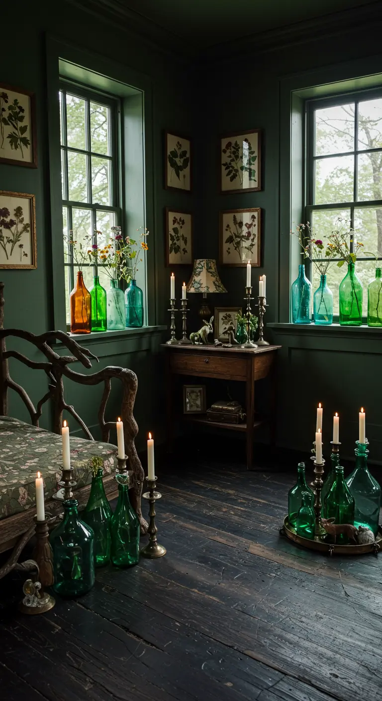 Donkergroene kamer met ramen, gekleurde flessen, kaarsen en botanische prints.