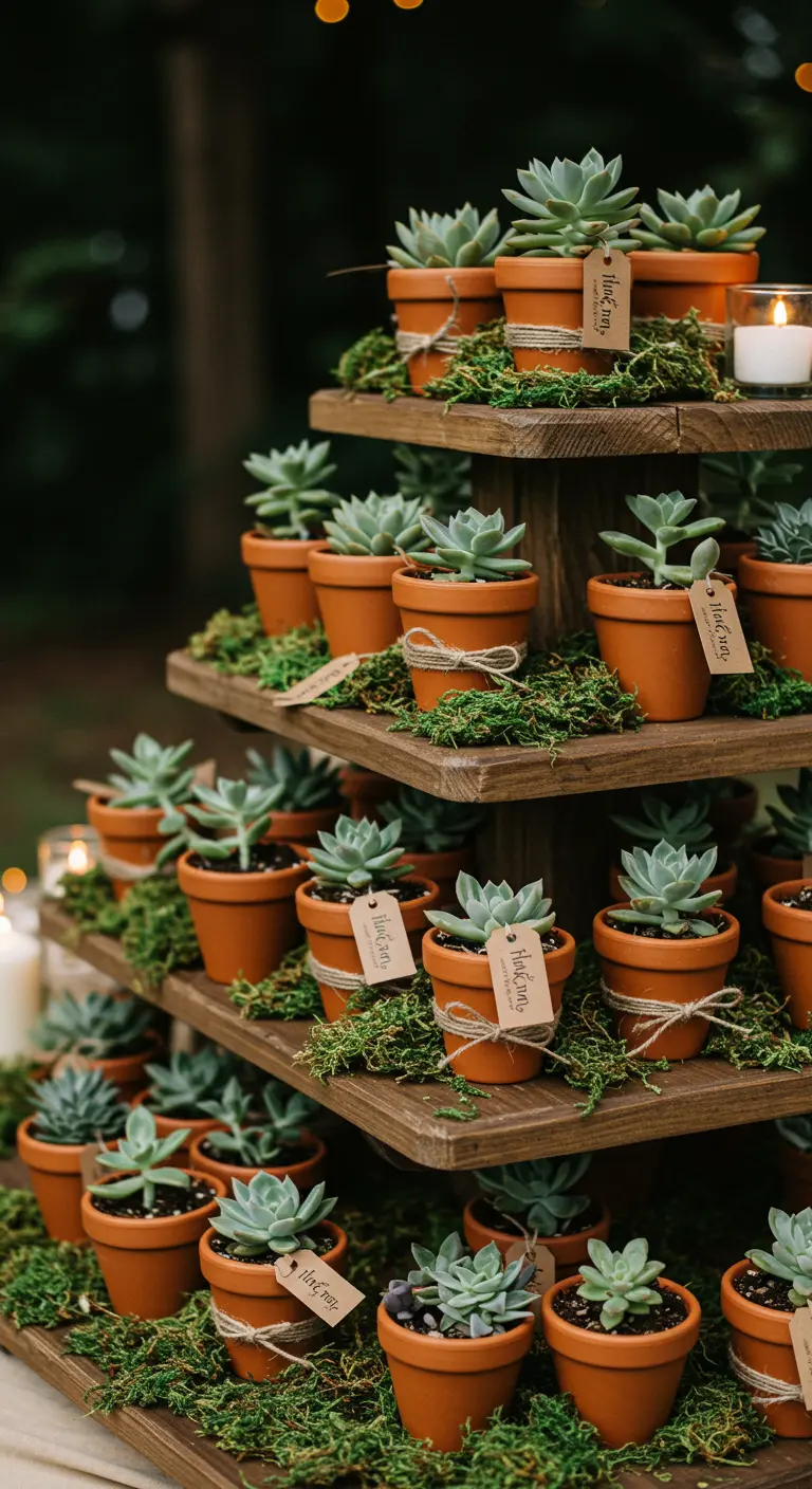 Houten etagère vol met kleine vetplantjes in terracotta potjes als bedankjes voor gasten.
