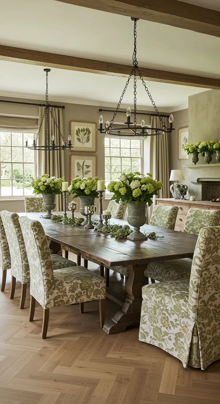 Royale eethoek met lange houten tafel, stoelen met groene bloemenprint en twee zwarte kroonluchters.