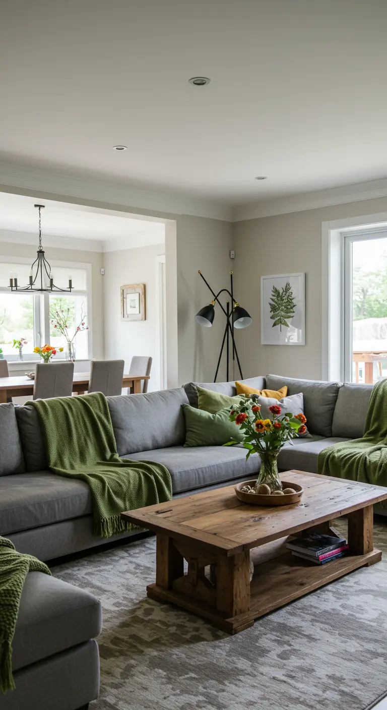 Gezellige woonkamer met grijze hoekbank, saliegroene plaids en een rustieke houten salontafel
