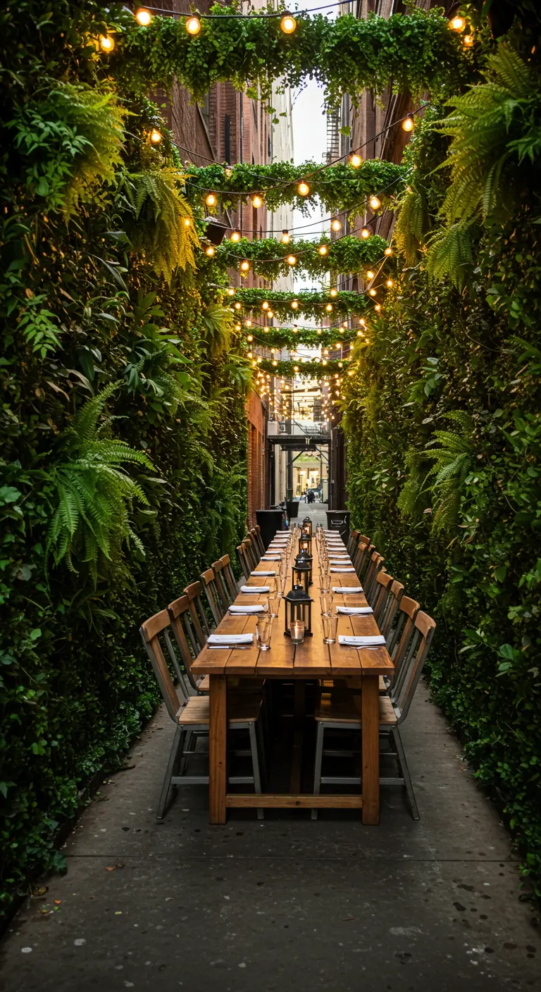 Smalle steeg met groene klimplantenmuren, lange houten tafel en overal lichtslingers.
