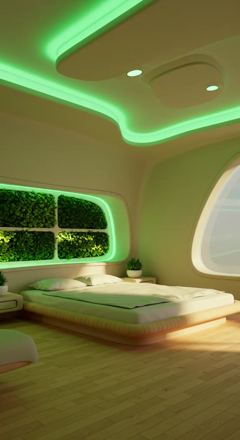 Groene futuristische slaapkamer met plantenmuur, groene LED-verlichting en organische plafondvormen.