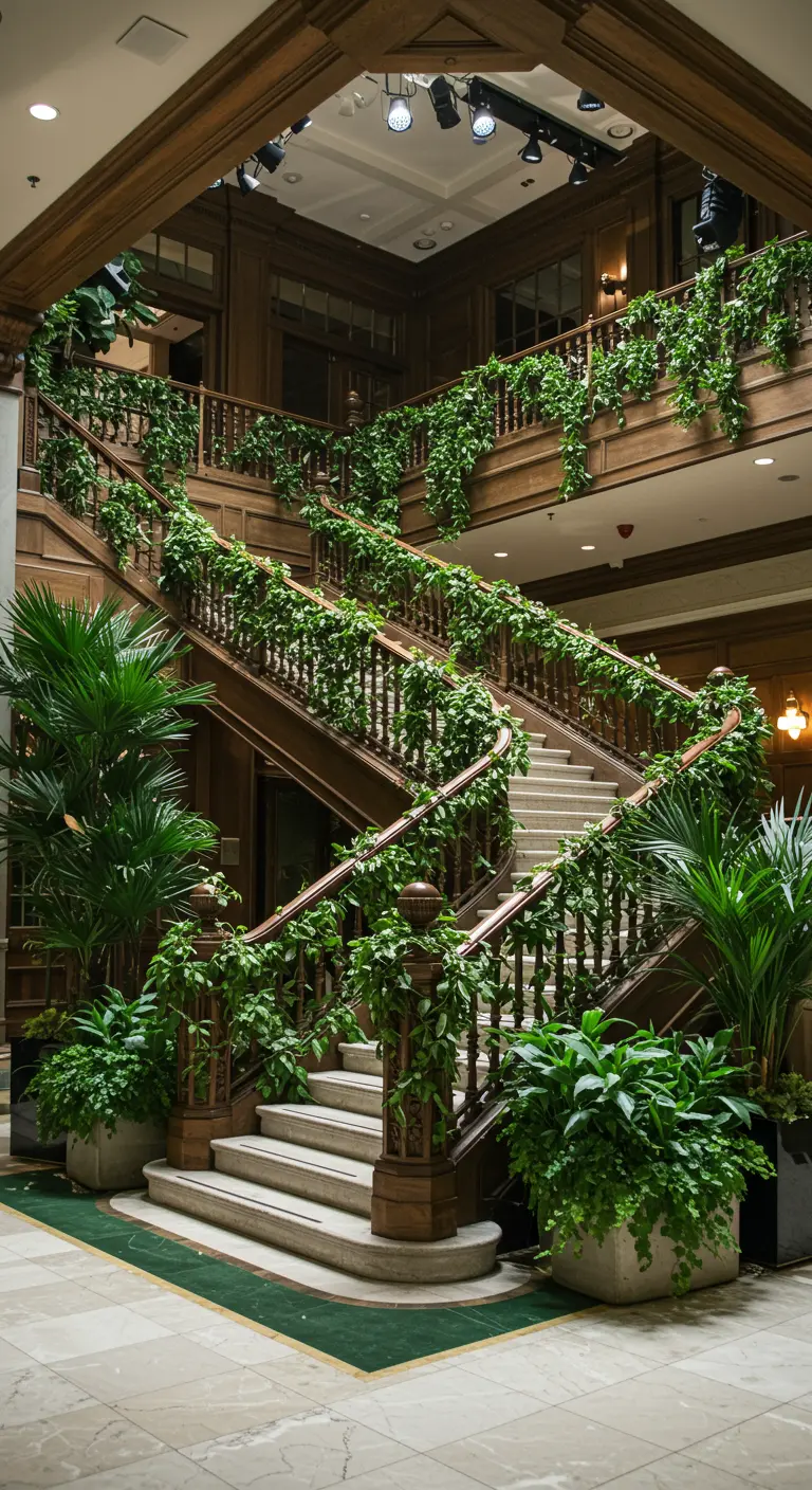 Grote houten trap in een gebouw, volledig versierd met groene planten en guirlandes.