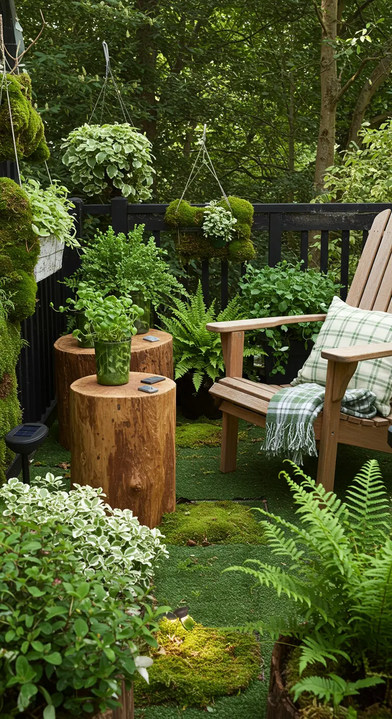 Groene balkon met boomstam tafels, Adirondack stoel en varens en planten.