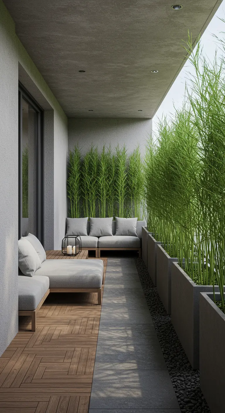 Lang, smal balkon met een muur van hoog gras in betonnen bakken.