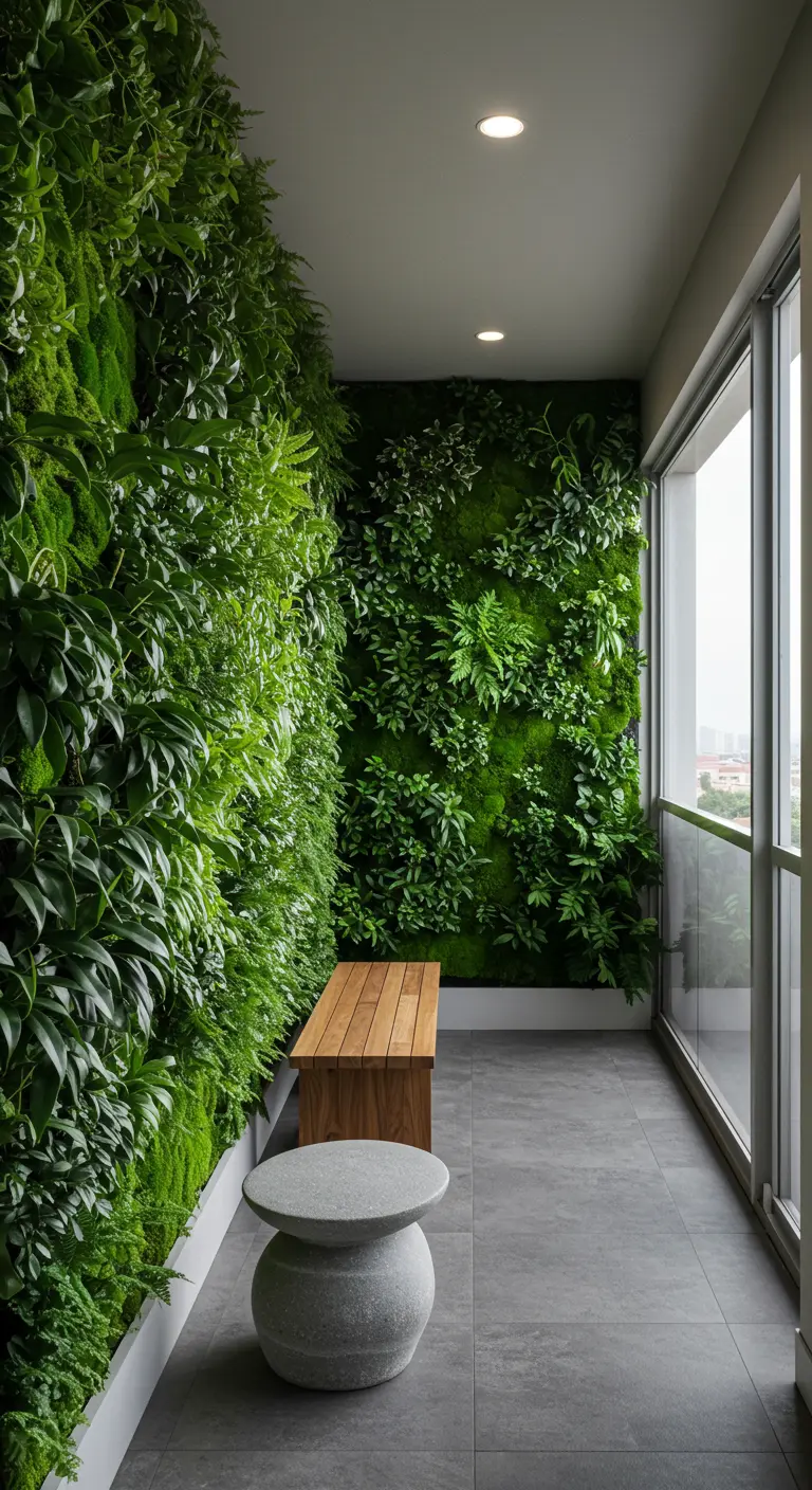 Balkon met een weelderige groene plantenwand en een eenvoudig houten bankje.