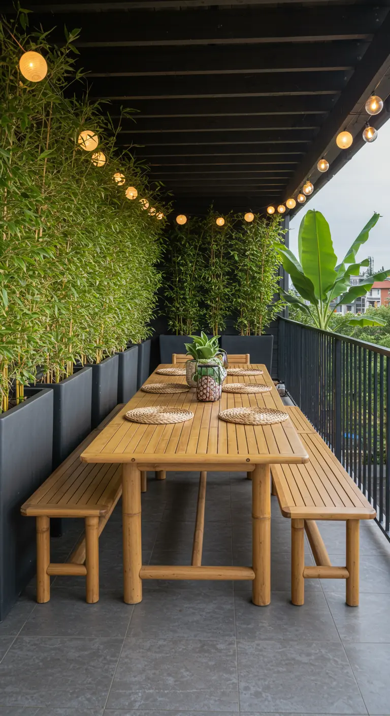 Lang balkon met bamboe eettafel en een groene wand van bamboeplanten in bakken.