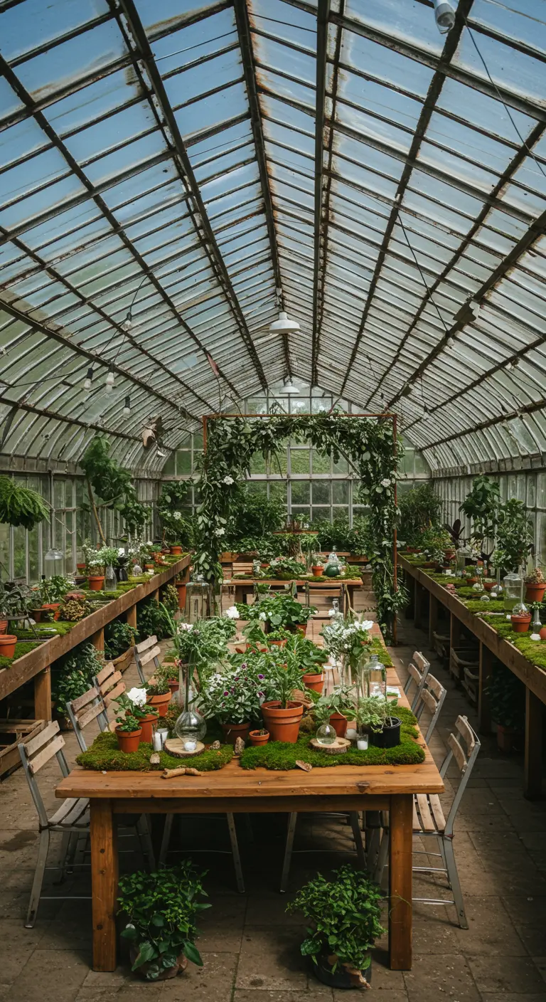 Botanische kas met lange houten tafels, groene planten, mos en kaarsen.