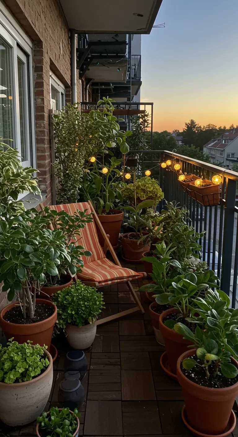 Klein balkon vol met groene planten in potten, met een gestreepte strandstoel ertussen.