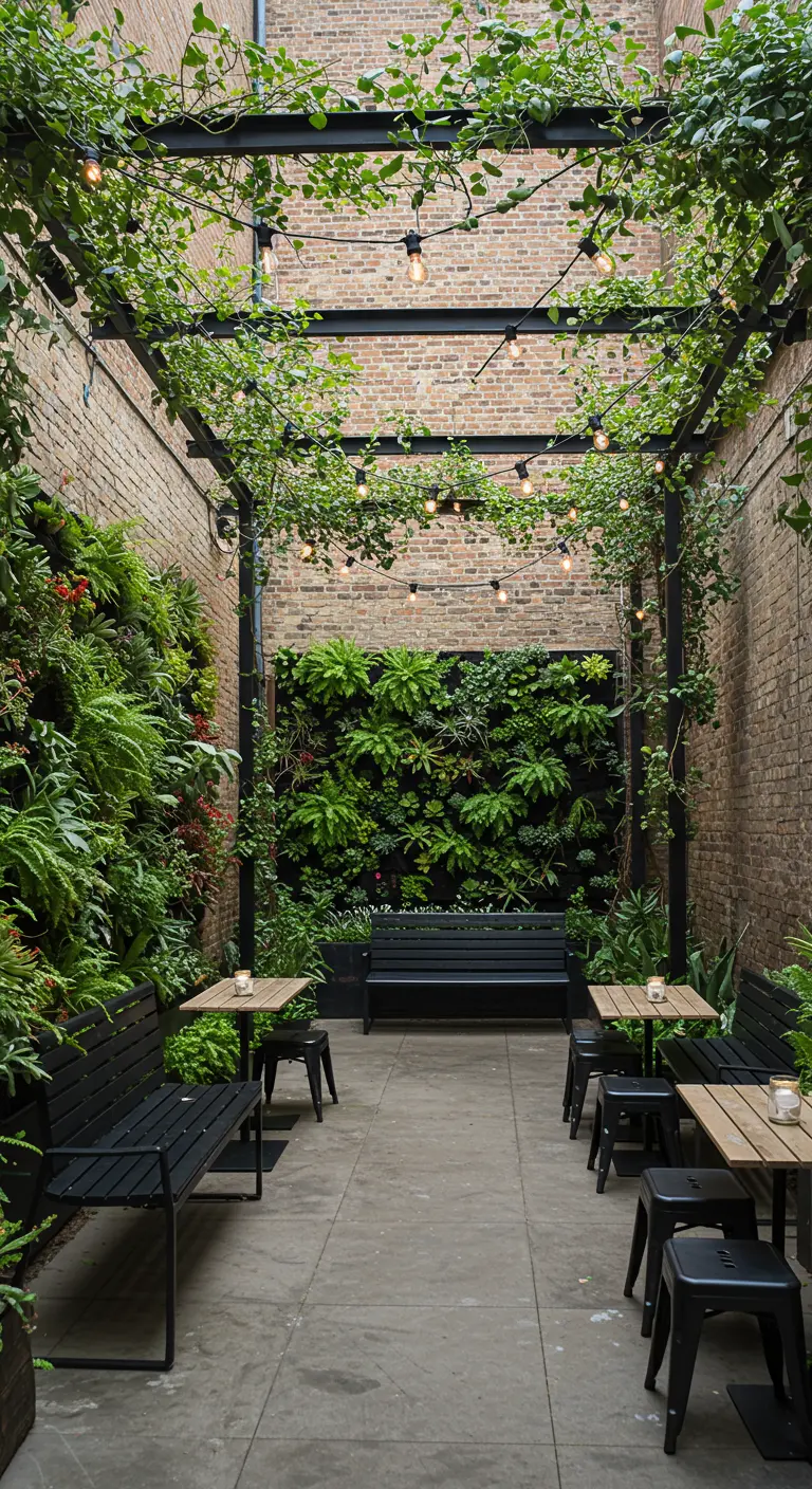 Smalle binnentuin met verticale plantenwanden, zwarte meubels en een pergola met lichtjes.
