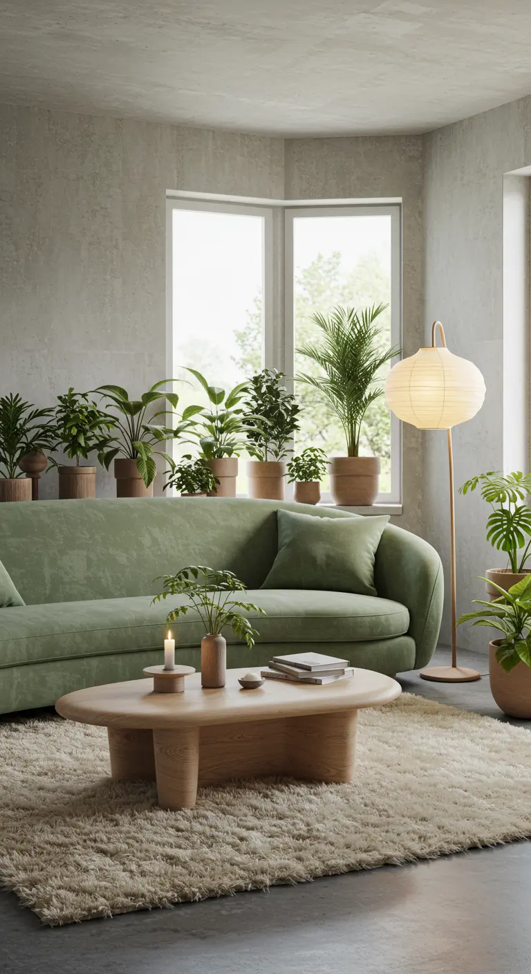 Woonkamer met groene bank, veel kamerplanten op vensterbank en organische salontafel.