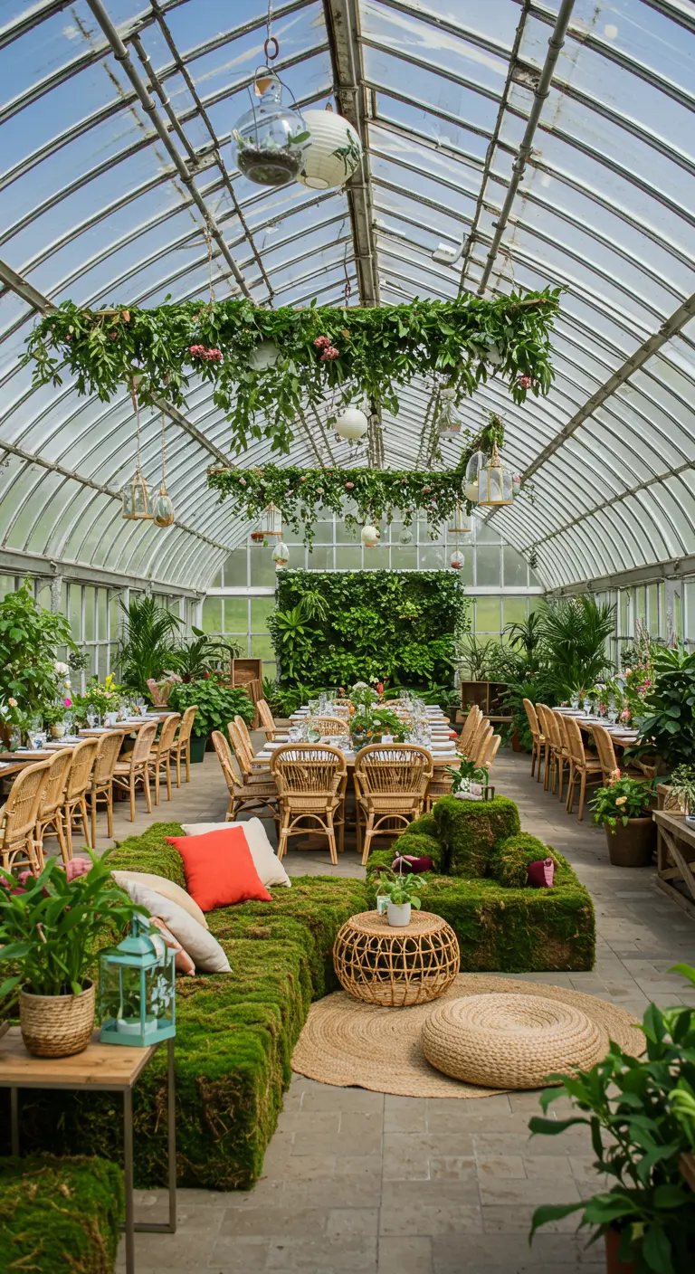 Serre receptie met mos banken, rotan stoelen en hangende planten decoratie.