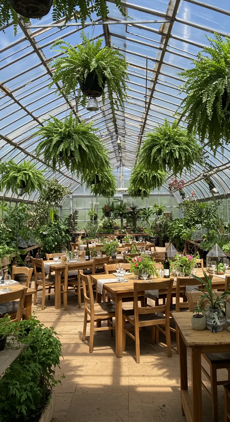 Eetruimte in een kas vol hangende varens en potplanten, met houten tafels.